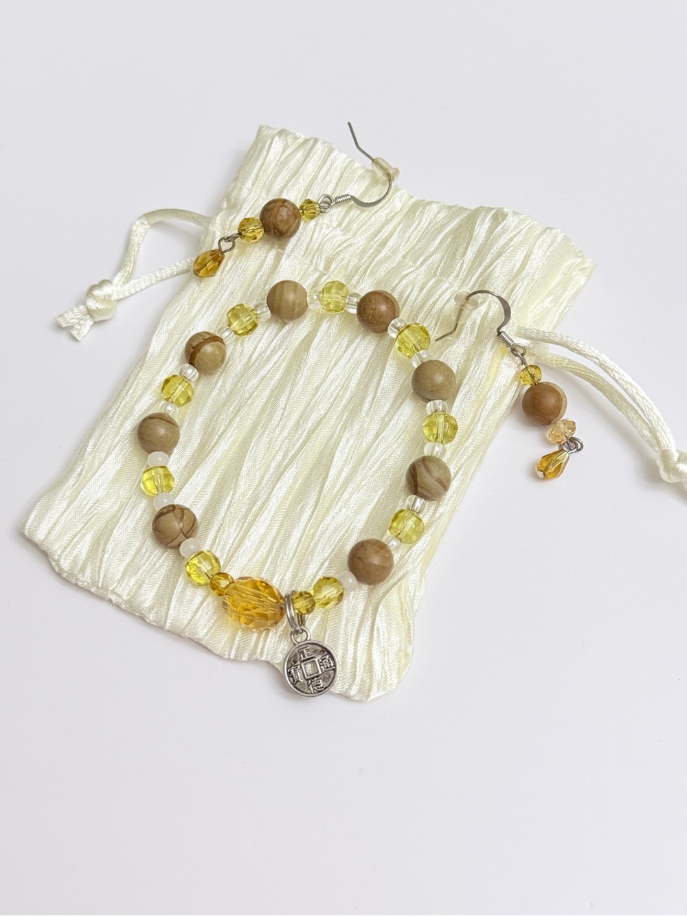 Yellow Crystal & Brown Stone Bracelet & Earrings Jewelry Set